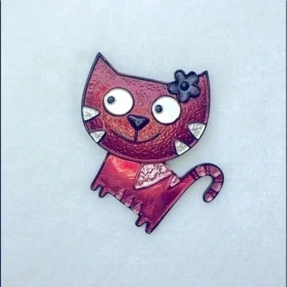 Cute Red Enamel Cat Brooch NWT
